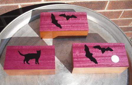 Perhaps the most striking of the marquetry boxes are the ones where I used Purpleheart as the base wood. The piece of Purpleheart I used to cut the veneers was fished out of the Thames years ago by my parents.